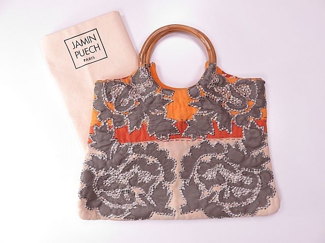 【送料無料】Jamin Puech ジャマンピュエッシュ ハンドバッグ レザー刺繍 グレー 鞄 木製持ち手拍卖