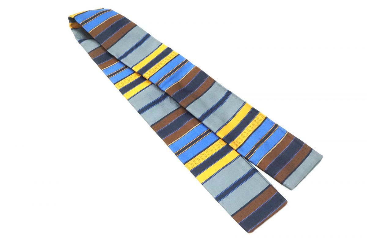 グッチ スカーフ ストール GG 長方形 ストライプ シルク100% イエロー 青 ブルー GUCCI 2598k拍卖