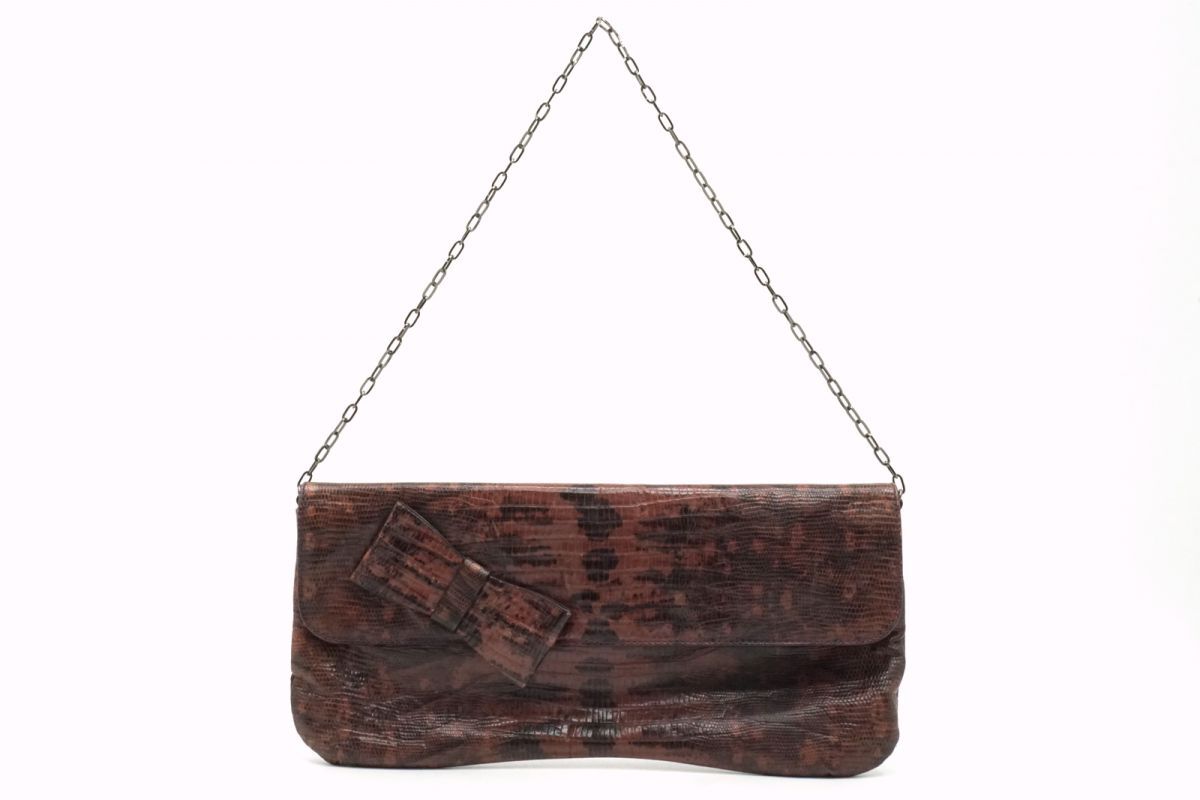 ミュウミュウ チェーン セミ ショルダー ハンドバッグ リボン 型押しリザード レザー 紫 パープル MIUMIU 2970h拍卖