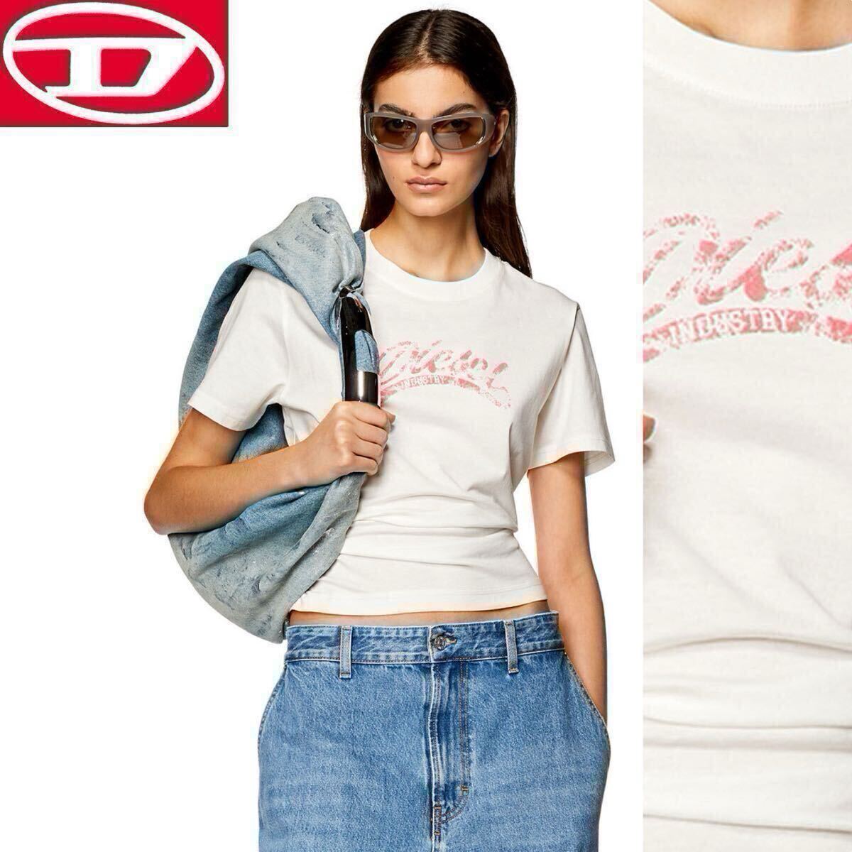 新品 未使用 タグ付き S ★定価13,200円 DIESEL ディーゼル レディース Tシャツ 半袖 ロゴ プリント ホワイト コットン 37拍卖