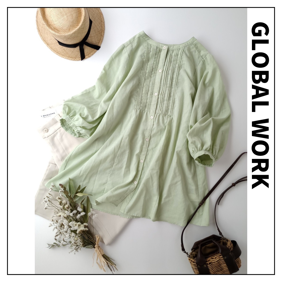 GLOBAL WORK グローバルワーク「私がしっくりくる服」フレンチリネン ピンタック レース チュニック ボリューム袖 羽織 L(5M+4235)拍卖