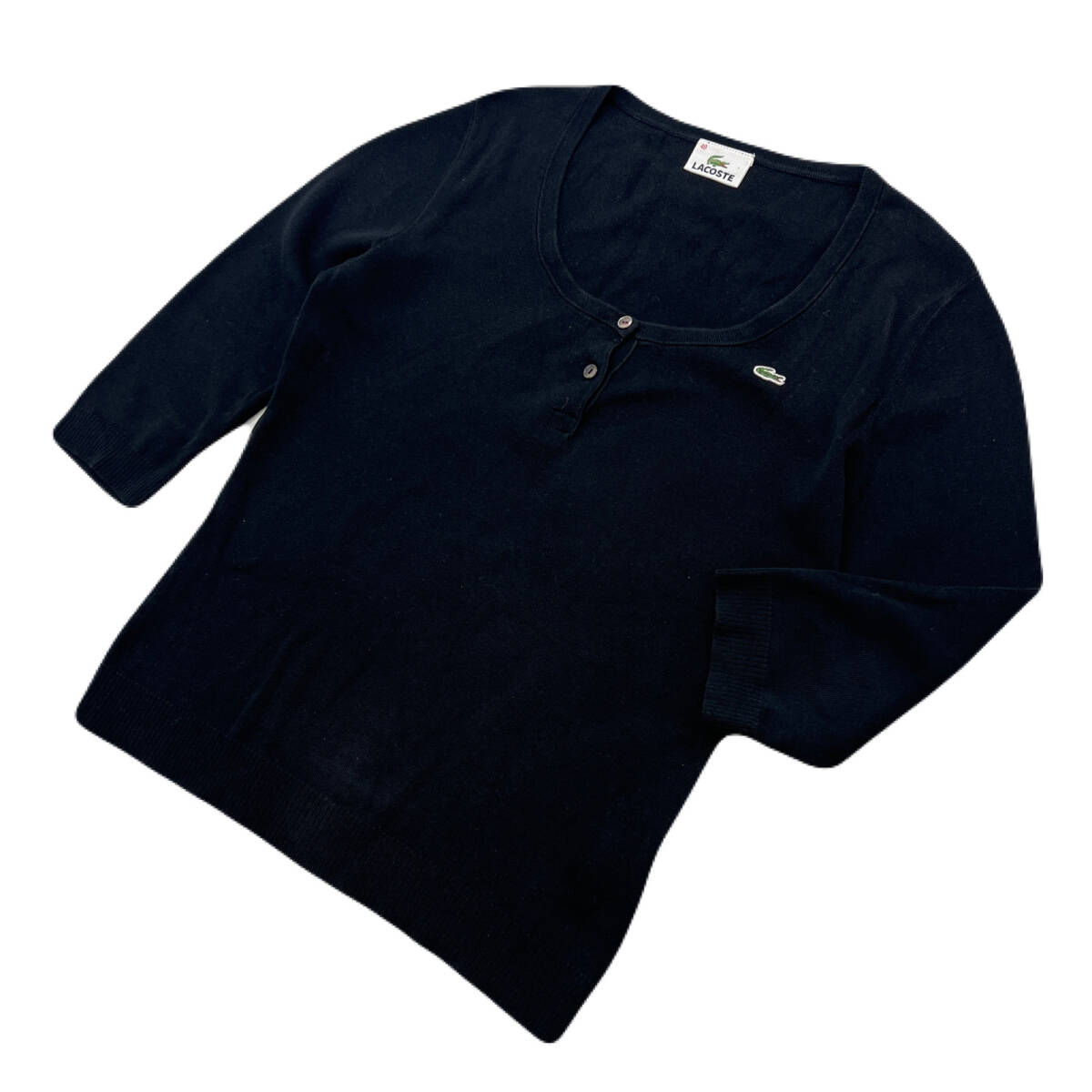 ラコステ ラウンドネック 7分丈シャツ ブラック 黒 レディース 40 実寸M相当【 シンプルなカットソー♪ 】 LACOSTE ●DK277拍卖