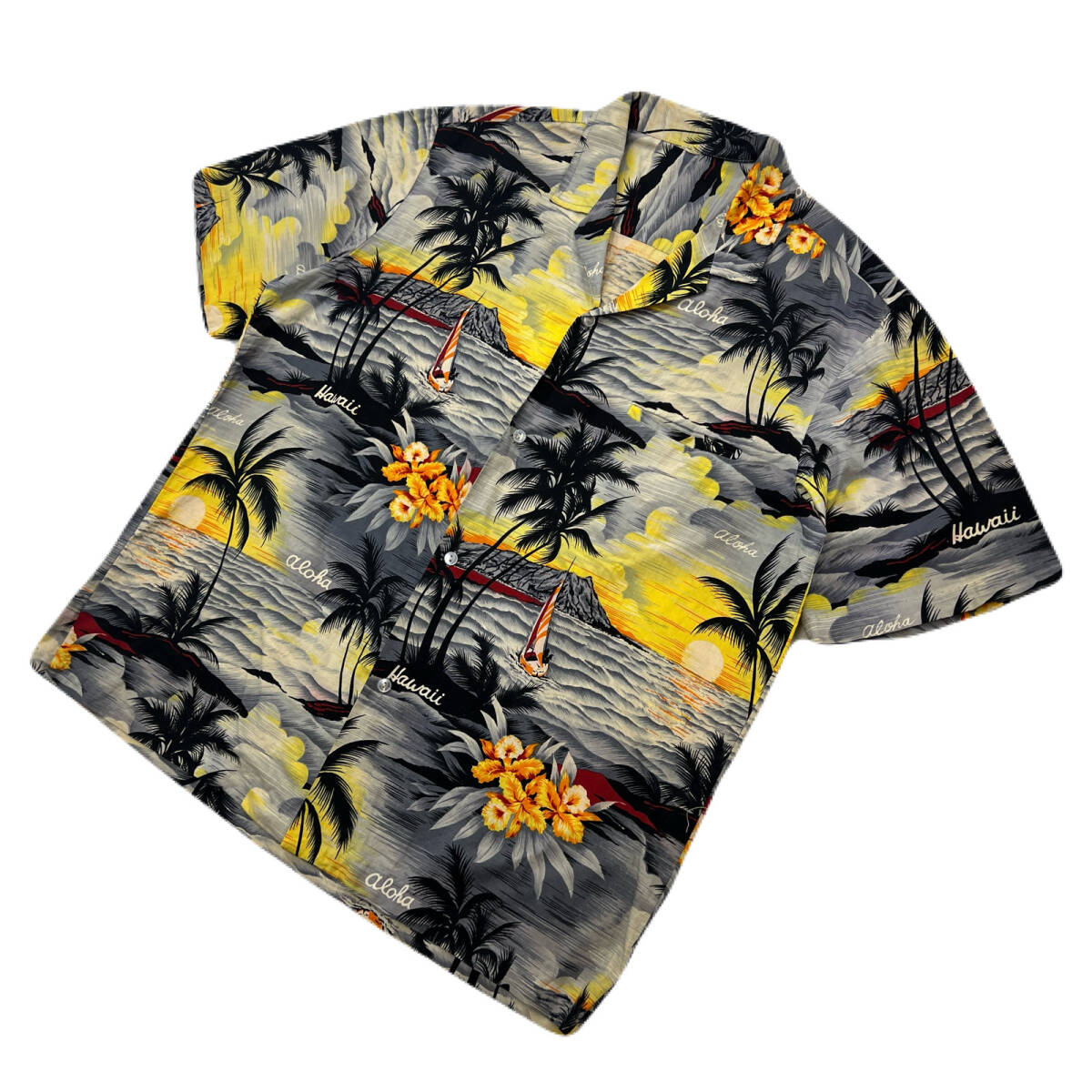 アロハ アイランド柄 コットン アロハシャツ メンズ L相当 渋いグレー オレンジ系 【 ゆったり 大き目シルエット♪ 】 ●DG352拍卖