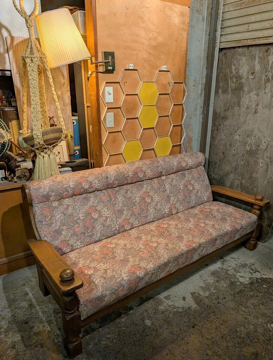 ビンテージ 浜本工芸 クラッシック ボックス 3Pソファ 三人掛け/アンティーク ヴィンテージ レトロ 応接 花柄 総柄 オーク ナラ材拍卖