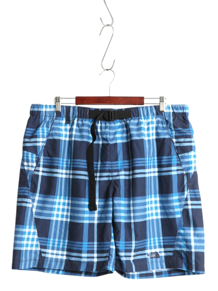 ノースフェイス チェック ショートパンツ メンズ XL 古着 アウトドア サーフ スイム ショーツ 短パン 水陸両用 ワンポイント インナー付き拍卖