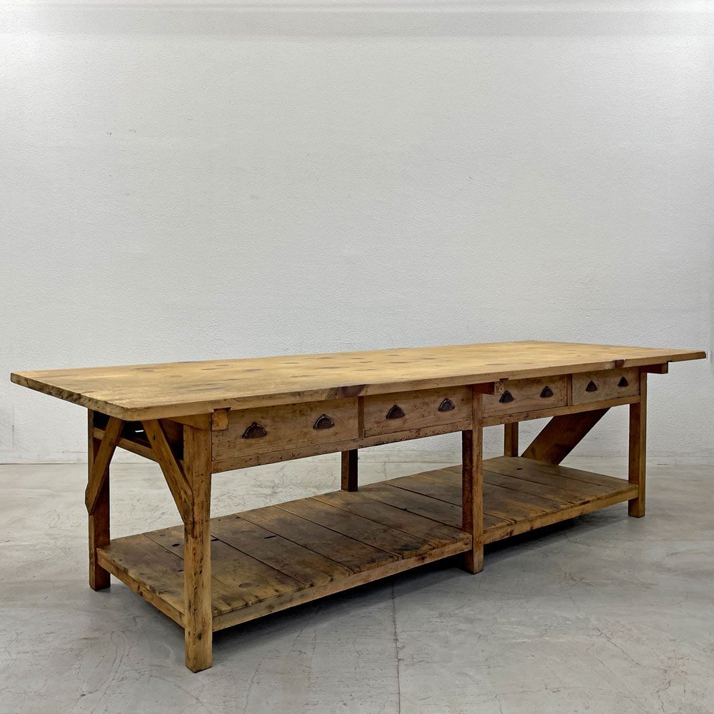 〓 UKビンテージ ワークテーブル ドレイパーズテーブル パイン材 作業台 古材 カントリー 抽斗4杯 ディスプレイ台 店舗什器拍卖