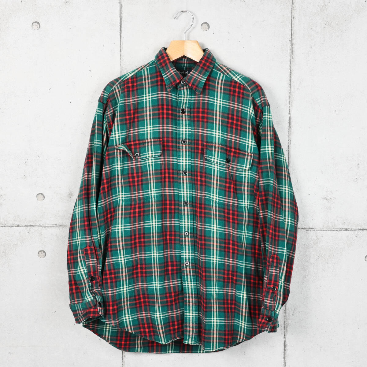 Poloラルフローレン◆WHITT FIELD フランネル ワークシャツ◆グリーン×レッド×ホワイト◆サイズL拍卖