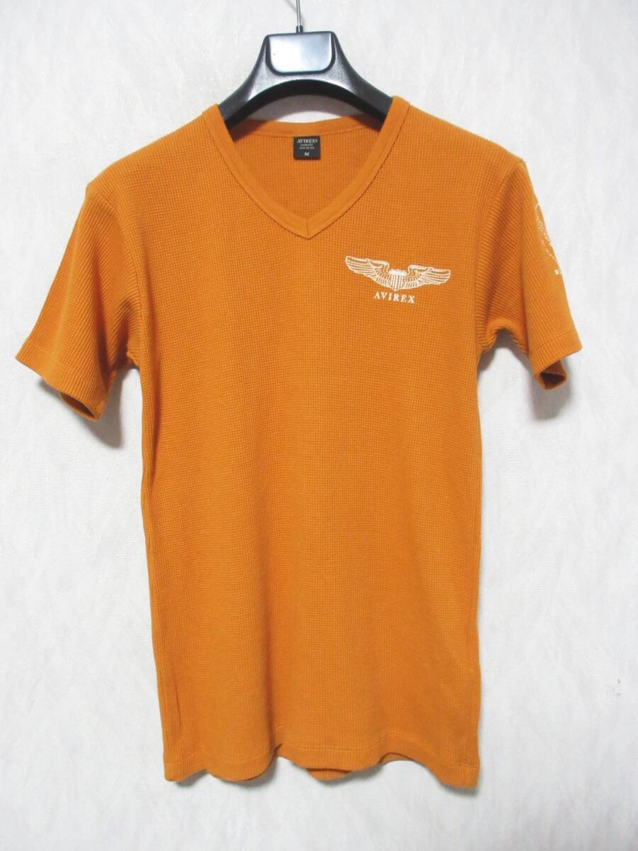 AVIREX アヴィレックス プリント 半袖 ミニワッフル Vネック Tシャツ 6193402 メンズ M オレンジ yg7334拍卖