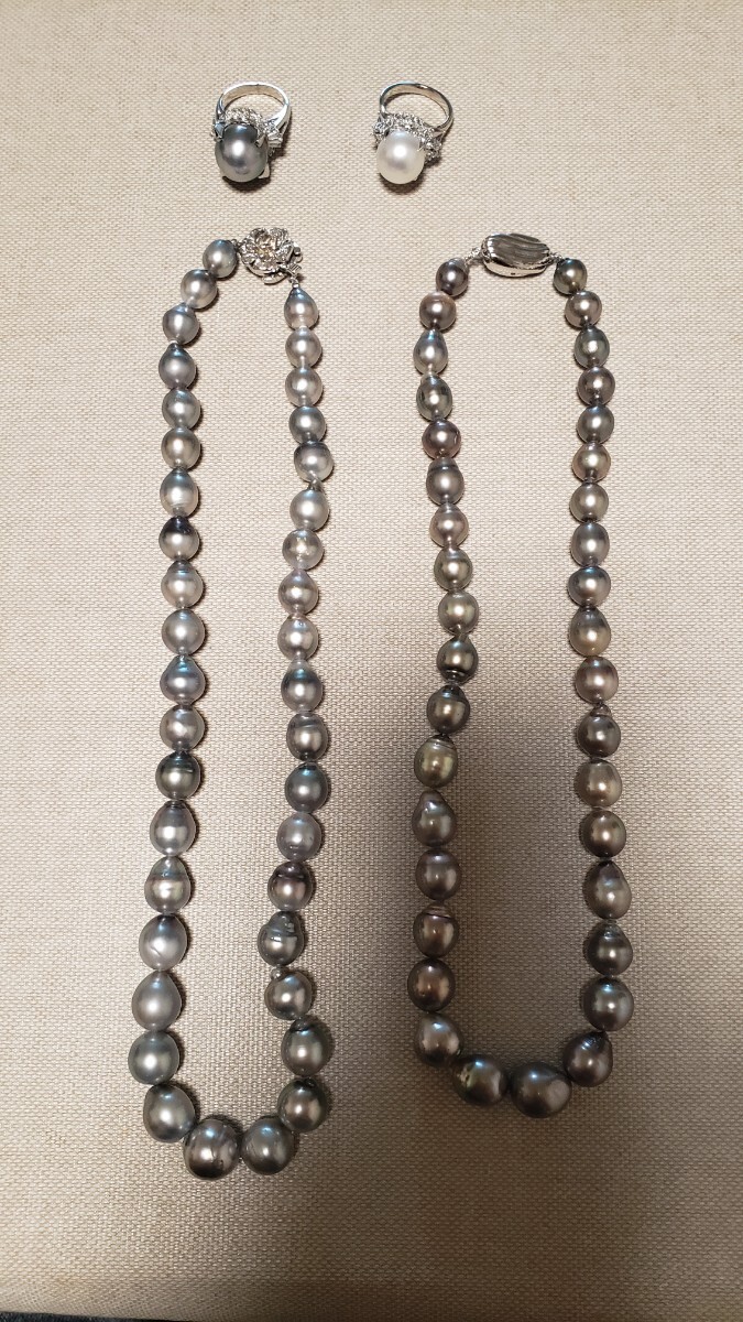 Pt南洋.黒蝶真珠リング SV黒蝶真珠ネックレス二本 セット販売。拍卖