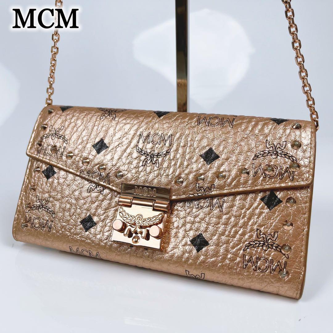 【未使用に近い】MCM エムシーエム ヴィセトス スタッズ チェーンウォレット 長財布 レザー ショルダーバッグ ウォレット レディース 総柄拍卖