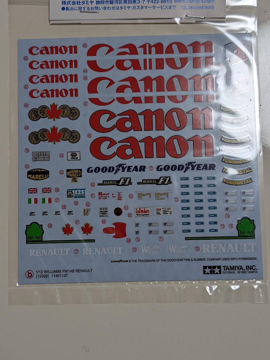 タミヤ 1/12 ウィリアムズ FW14B デカール 新品 綺麗 使えます F1 TAMIYA 田宮 ビックスケール renault 拍卖