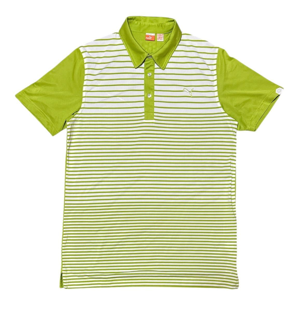 送料無料 ○ PUMA GOLF プーマゴルフ ○ ロゴ刺繍 ビッグ18ホールロゴプリント 吸水速乾 ボーダー柄 半袖 ポロシャツ グリーン系 XL拍卖