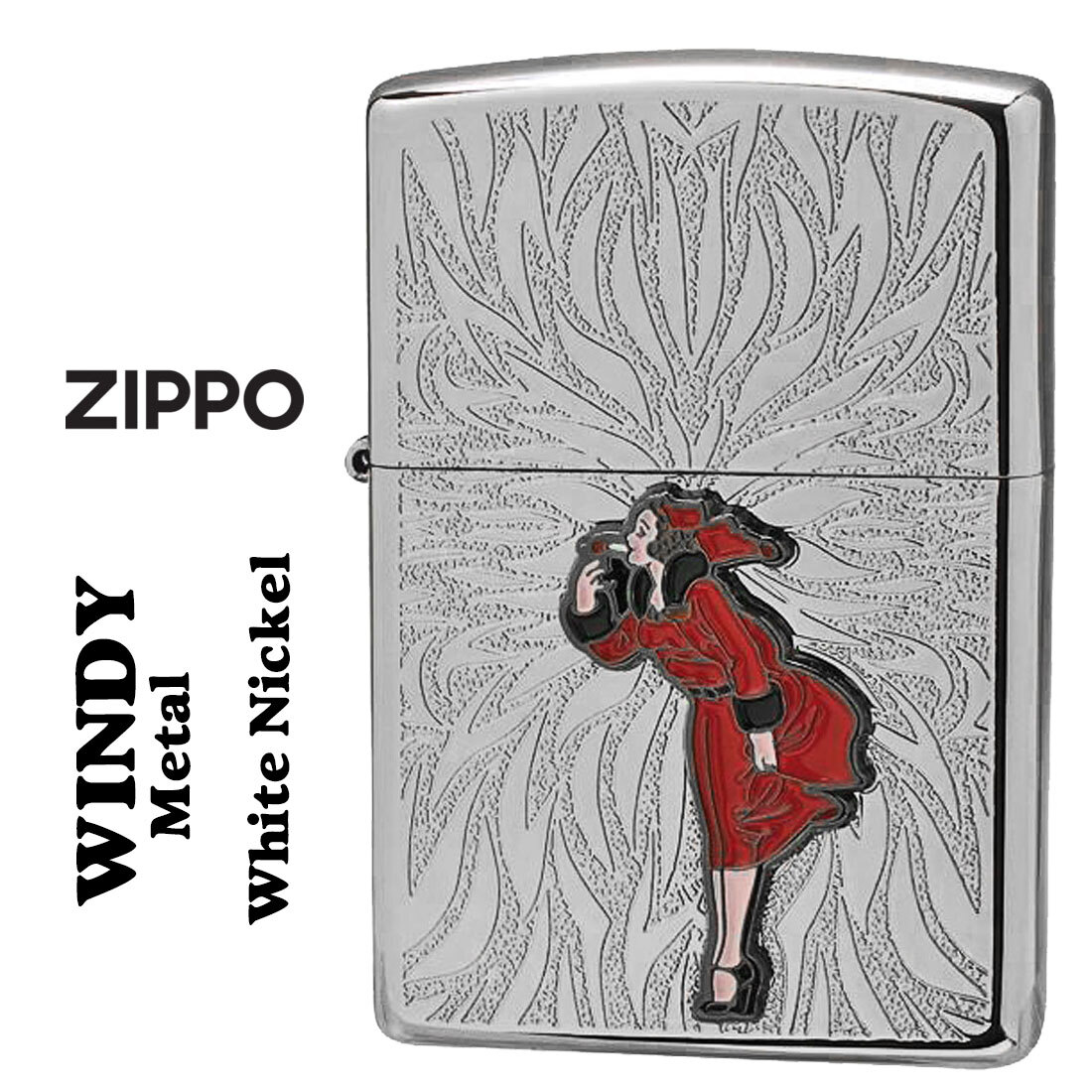 zippo(ジッポーライター)大人気「WINDY」メタル貼り ホワイトニッケル エッチング WINDY-Metal-WN【ネコポス可】拍卖