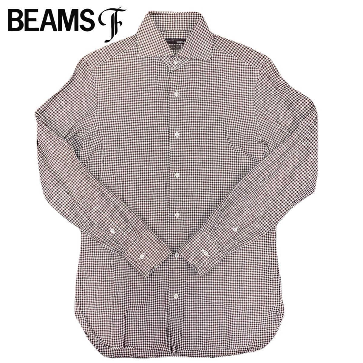 美品 BEAMSF ビームスエフ リネン 長袖 シャツ カッタウェイ ホリゾンタルカラー ギンガムチェック クリーニング 日本製 メンズ ブラウン S拍卖