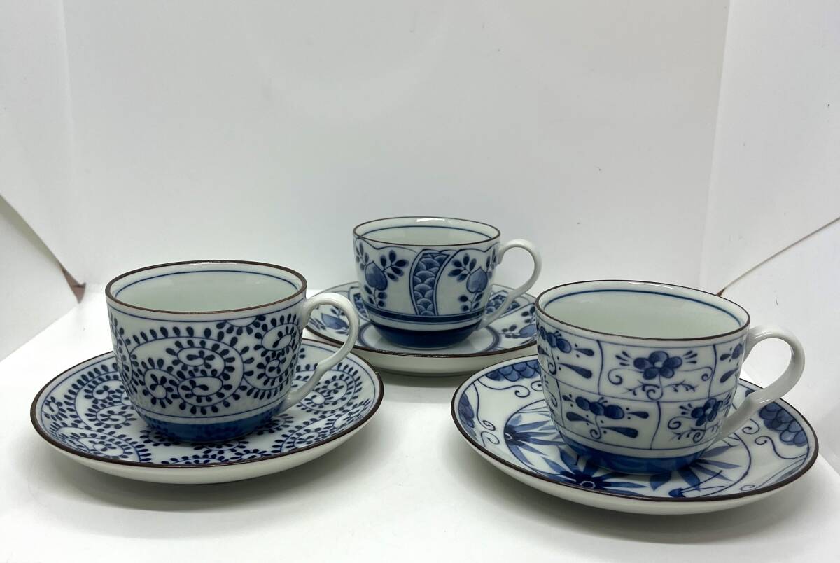 瀬戸焼「師」丸幸中島 カップ&ソーサー 3客セット 絵柄違い 和食器 茶器 陶器/567①1560拍卖