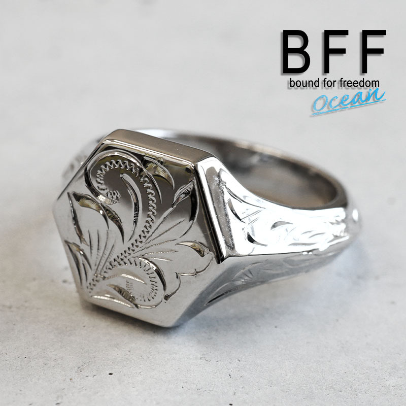 (19号) BFF ブランド ハワイアンリング メンズ 印台リング 六角 シルバー スタンプリング 小ぶり 専用BOX付属拍卖