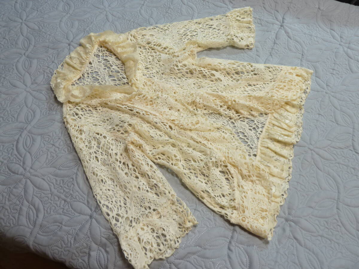 春夏 2.3回着用 ユーズド 生成り 透かしレース フリルXレース デザイン カーディガン M L ゆうパケット300円発送 同梱OK拍卖