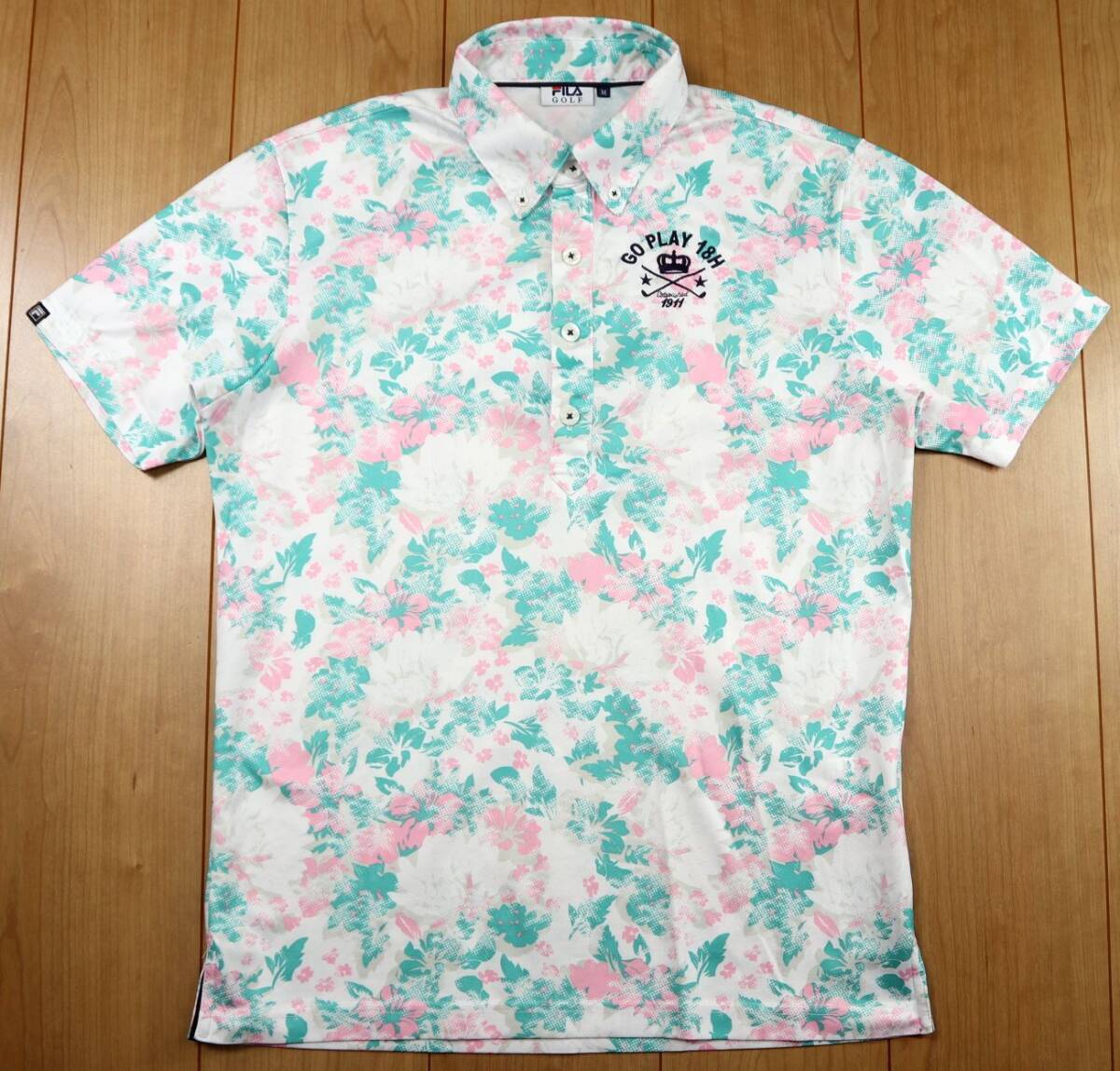 美品★FILA GOLF フィラ・ゴルフ ハイビスカス柄 ボタンダウン半袖ドライシャツ/ポロシャツ/Mサイズ拍卖