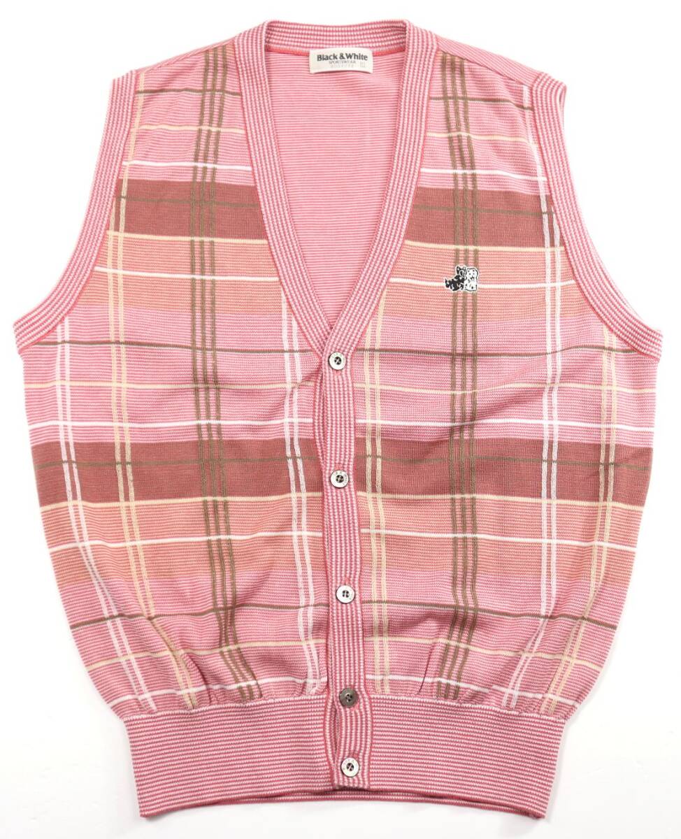 極美品★BLACK&WHITE ブラック&ホワイト チェック コットンアクリル ニットベスト/Lサイズ拍卖