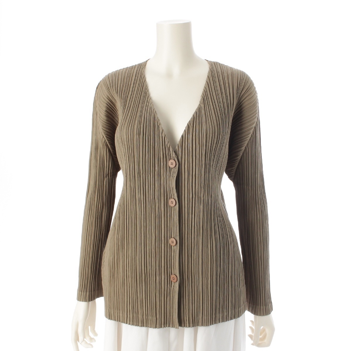 プリーツプリーズ イッセイミヤケ コットン Vネック フロントボタン カーディガン PP41-JO842 ベージュ 3【中古】拍卖