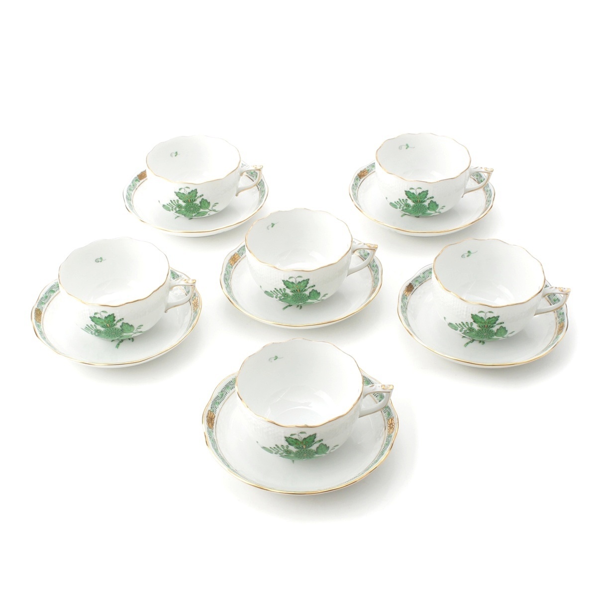 ヘレンド 陶器 アポニーグリーン 6客セット 食器 ホワイト マルチカラー【中古】拍卖