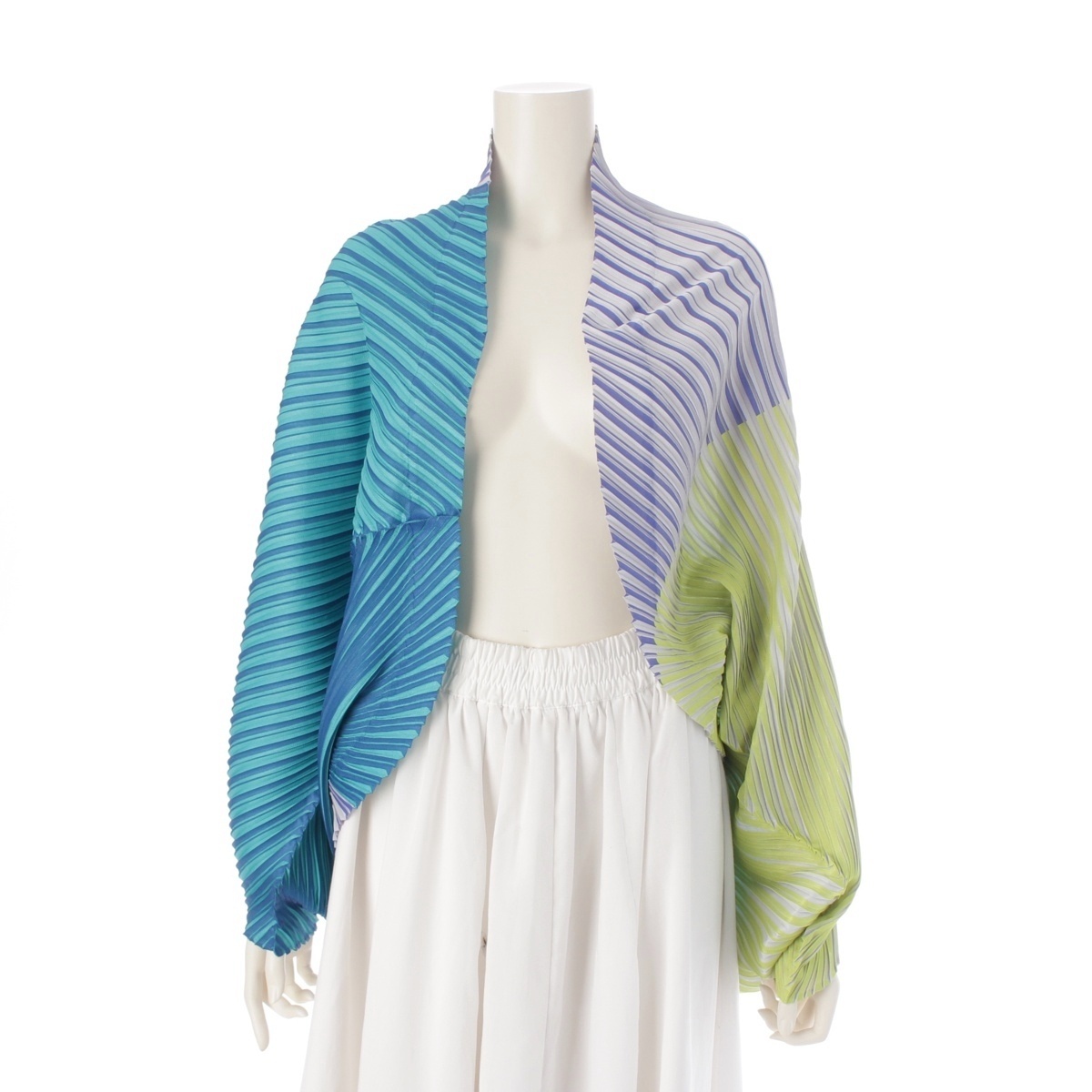 プリーツプリーズ イッセイミヤケ 斜めプリーツ ストライププリント ボレロ カーディガン PP53-J0555 マルチカラー【中古】拍卖