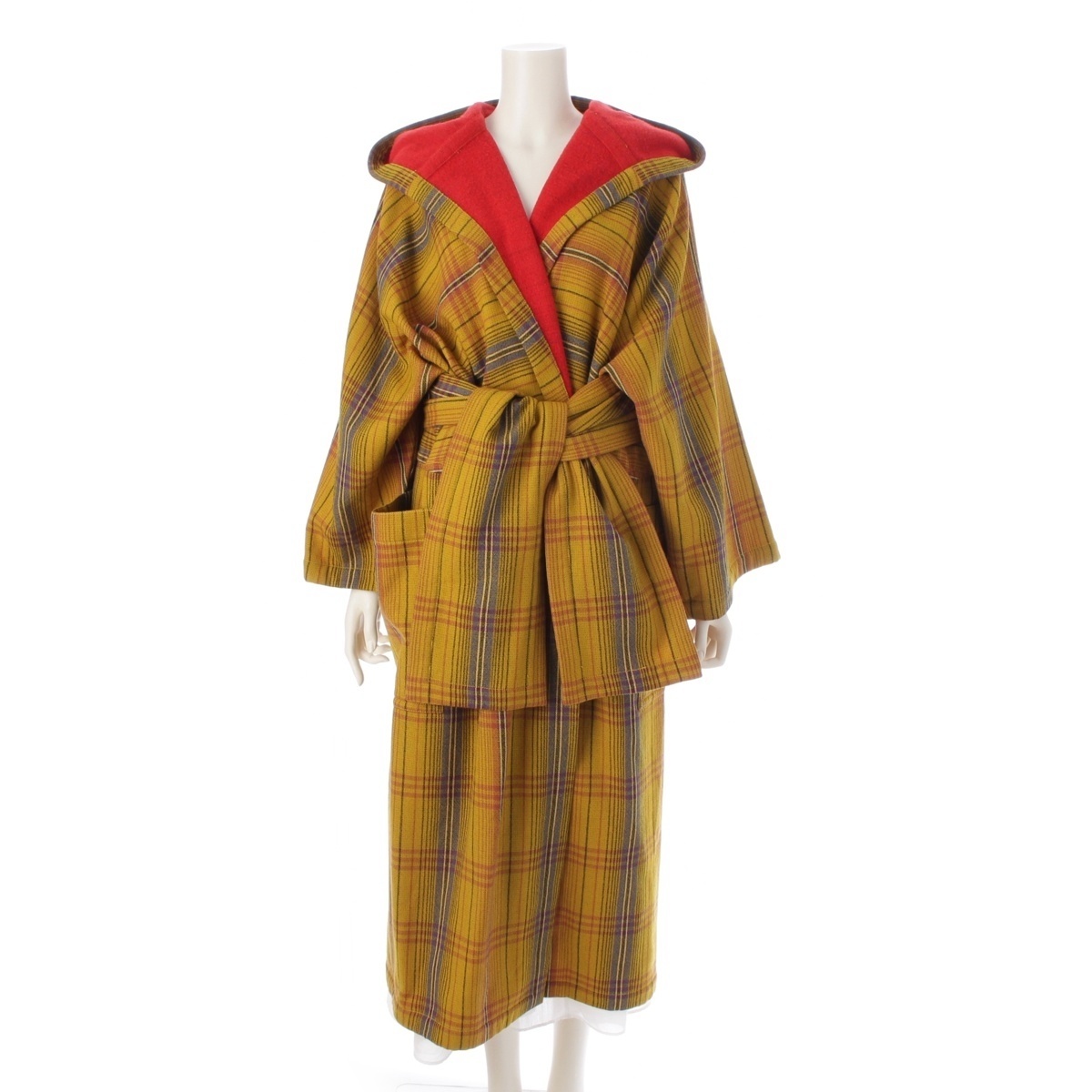 イッセイミヤケ 76AW 最初期タグ ウール フード付き 着物袖 丹前 帯 アウター イエロー 9【中古】拍卖