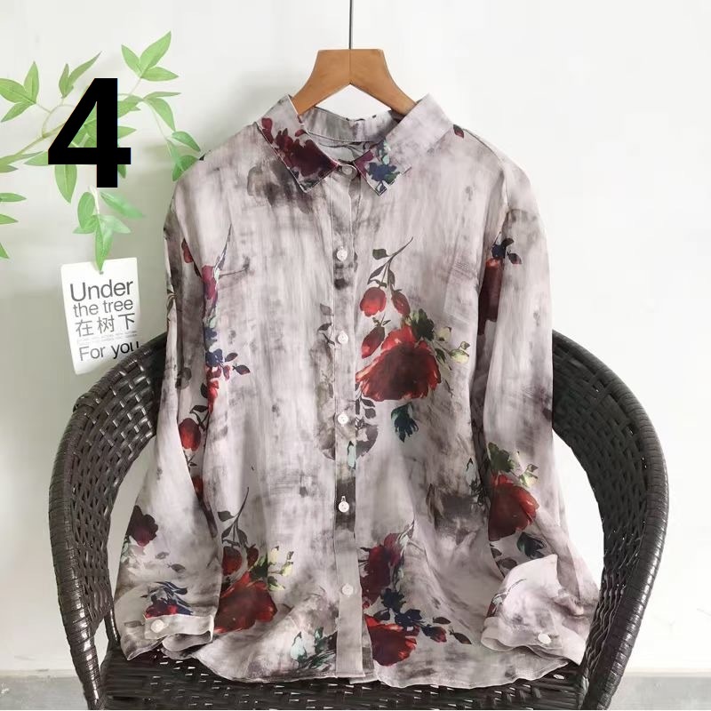 新作チュニック ワイシャツ 麻100% ゆったり オシャレ フリーサイズ ナチュラル 紫外線防止 通気性肌触り抜群 サラサラ プリント花柄4拍卖