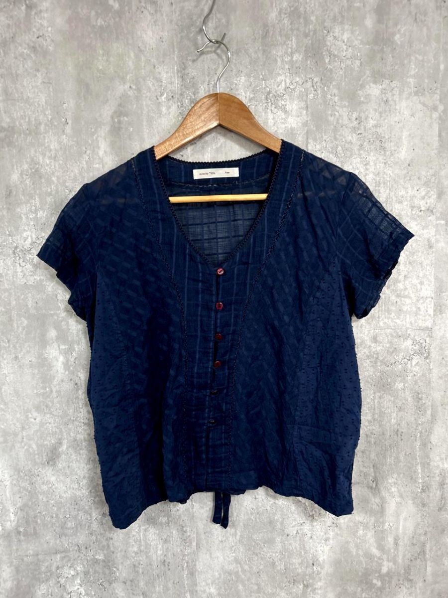 ネコポスOK styled by SOIL ・・・free スタイルドバイソイルフリー 半袖 柄 シアー ブラウス シャツ 紺 ■◆ レディース拍卖