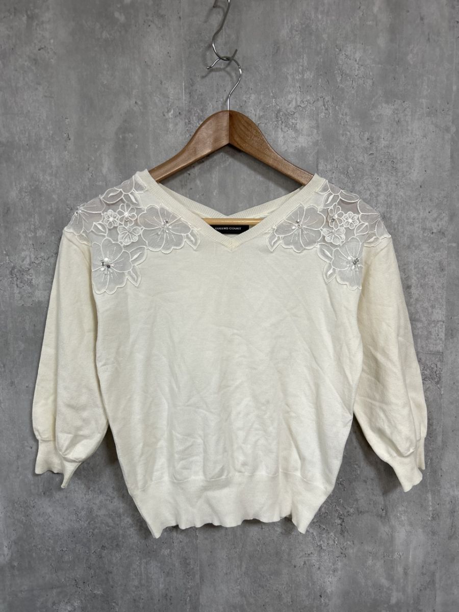 ネコポスOK QUEENS COURT クイーンズコート 長袖 花柄 ビーズ ニット セーター size2/アイボリー ◆■ レディース拍卖