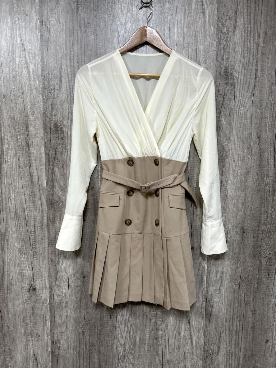 eimy istoire エイミーイストワール カラーレスプリーツコンビミニ ワンピース sizeS/茶×アイボリー ■◇◎ レディース拍卖