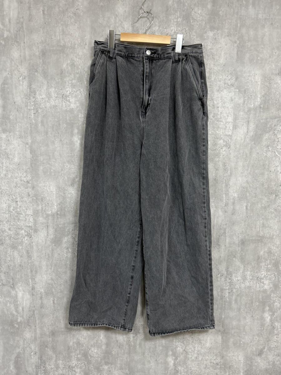 Alfred Alex ケミカル ヴィンテージ メイク タック ワイド テーパードハイウエスト ダメージ加工 デニムパンツ sizeL/黒 ■■ メンズ拍卖