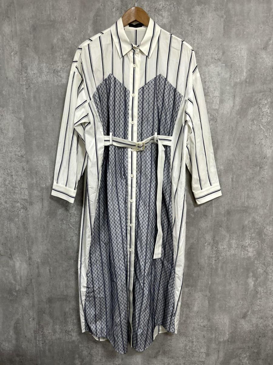 AULA AILA アウラアイラ 長袖 ストライプ レース ロング シャツ ワンピース size0/白x紺 ■◇◎ レディース拍卖