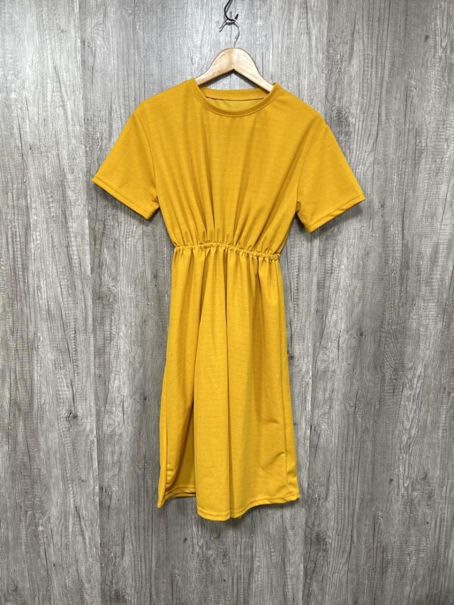 ネコポスOK 美品 ibeul_ イベール 半袖 ウエストゴム ひざ丈 シンプル ワンピース sizeL/黄 ■◆ レディース拍卖