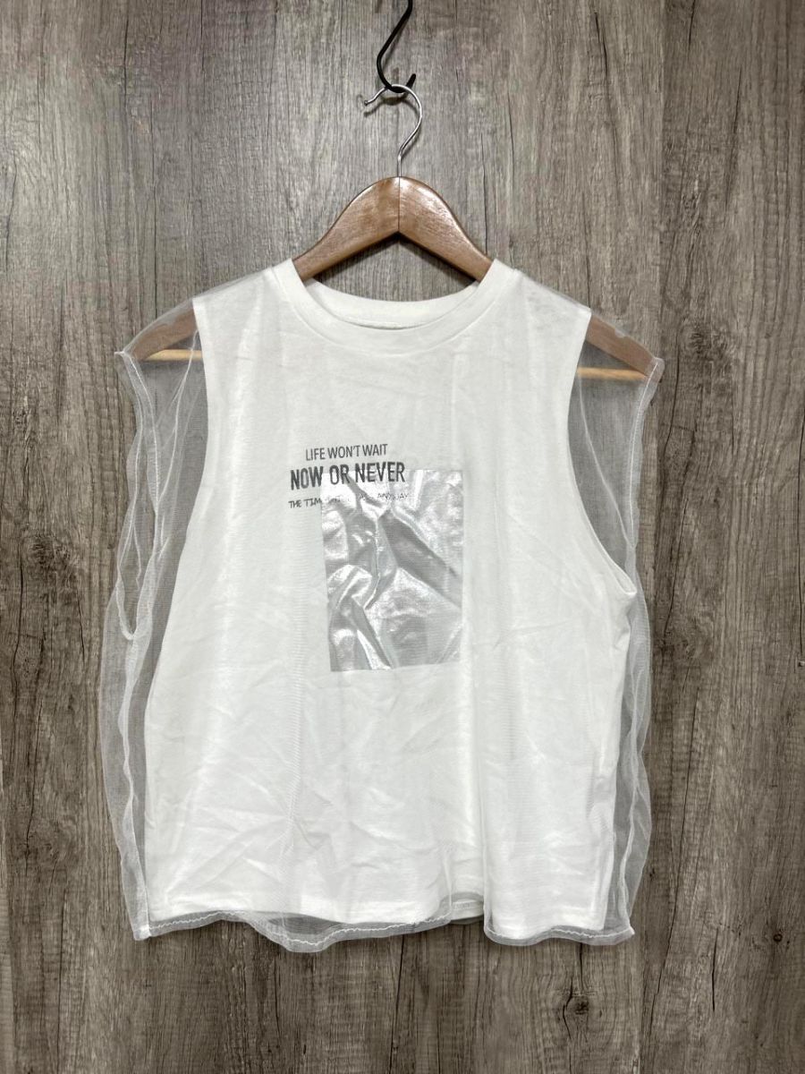 ネコポスOK moment+ チュールレイヤードノースリーブ箔プリントTシャツ カットソー sizeM/白 ■◆ レディース拍卖