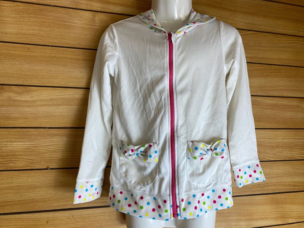 130cm ガールズ ラッシュガード ホワイト リボン ドット フード付き フルジップ拍卖