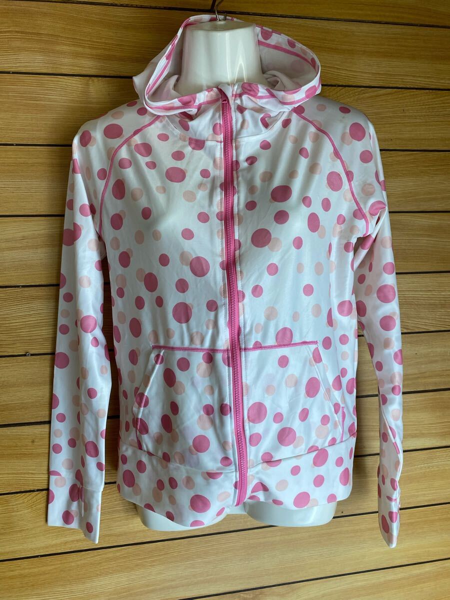 フード付き 長袖 前開き ラッシュガード Mサイズ ホワイト ドット柄 ポケット拍卖