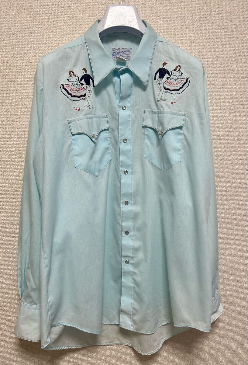 70’s ROCKMOUNT Western Shirt ウエスタンシャツ 刺繍 長袖 シャツ long sleeve shirt USA製 17-35 USAヴィンテージ 水色 Rockmount 拍卖