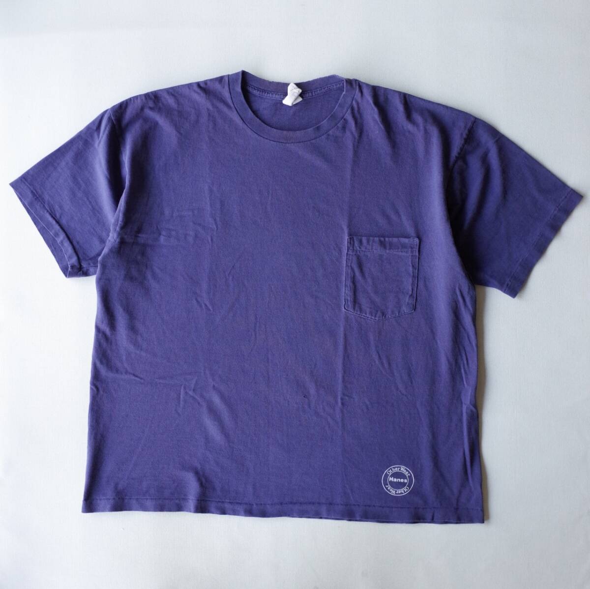 90's ビンテージ USA製 Tシャツ 無地 ポケT HANES ヘインズ XL フェード 紫 パープル ナス紺 シングルステッチ ワンポイント拍卖