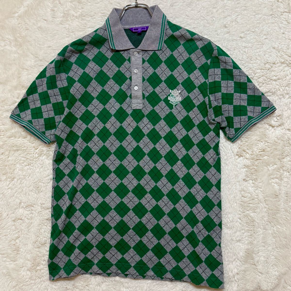 美品/アーガイル柄 総柄 ●BEAMS GOLF ビームスゴルフ ポロシャツ Mサイズ グリーン×グレー 綿 コットン 春夏 ゴルフウェア メンズ拍卖