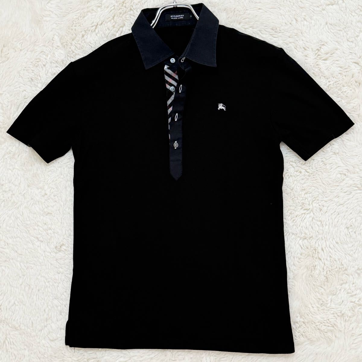 極美品 バーバリーブラックレーベル BURBERRY BLACK LABEL 鹿の子ポロシャツ 2(M相当) 刺繍ロゴ 黒 ブラック 前立てノバチェック 拍卖