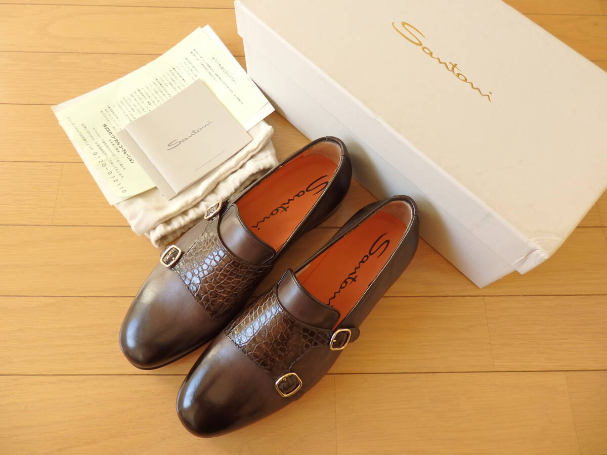 ☆最高級! サントーニ Santoni B33T クロコ モンクストラップ イタリア製 7サイズ DBR☆拍卖