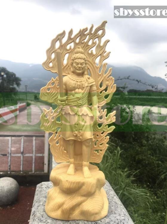 新入荷☆美品☆精密彫刻 不動明王 木彫 仏像 不動明王立像 檜木 高約28cm拍卖