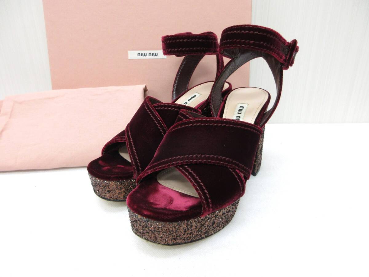 MIU MIU ミュウミュウ ベロア グリッター サンダル 36 ボルドー 厚底 アンクルストラップ a拍卖