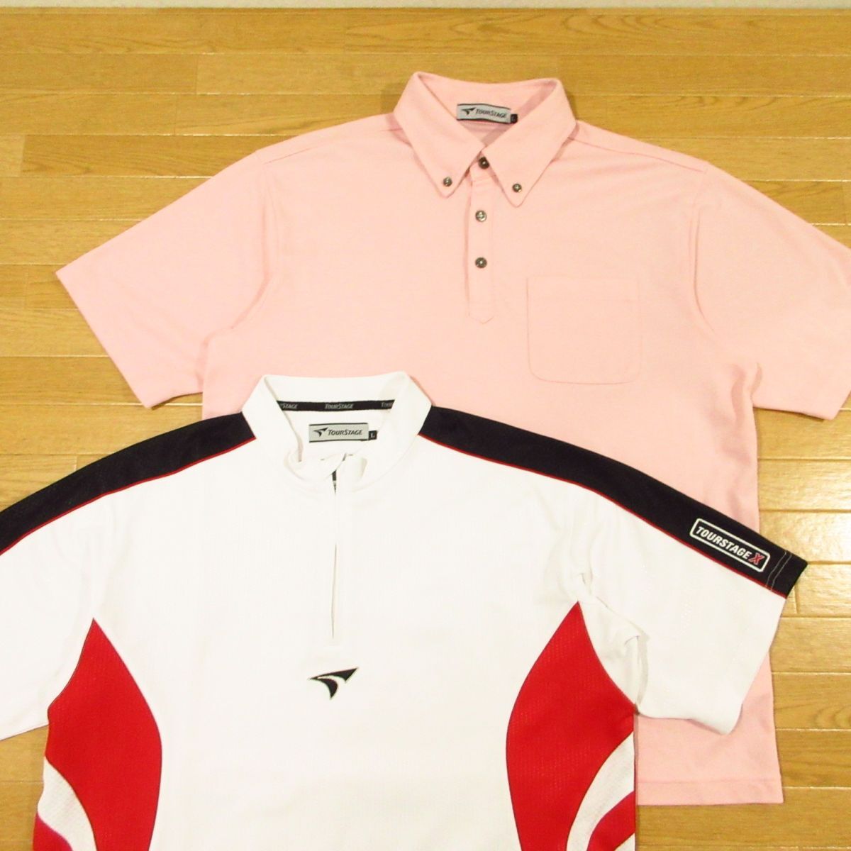 ◎美品!L 2枚セット!TOUR SATGE ツアーステージ ゴルフ 半袖 ハーフジップ ポロシャツ 速乾 メンズ 白xピンク まとめ売り◆CA1150拍卖