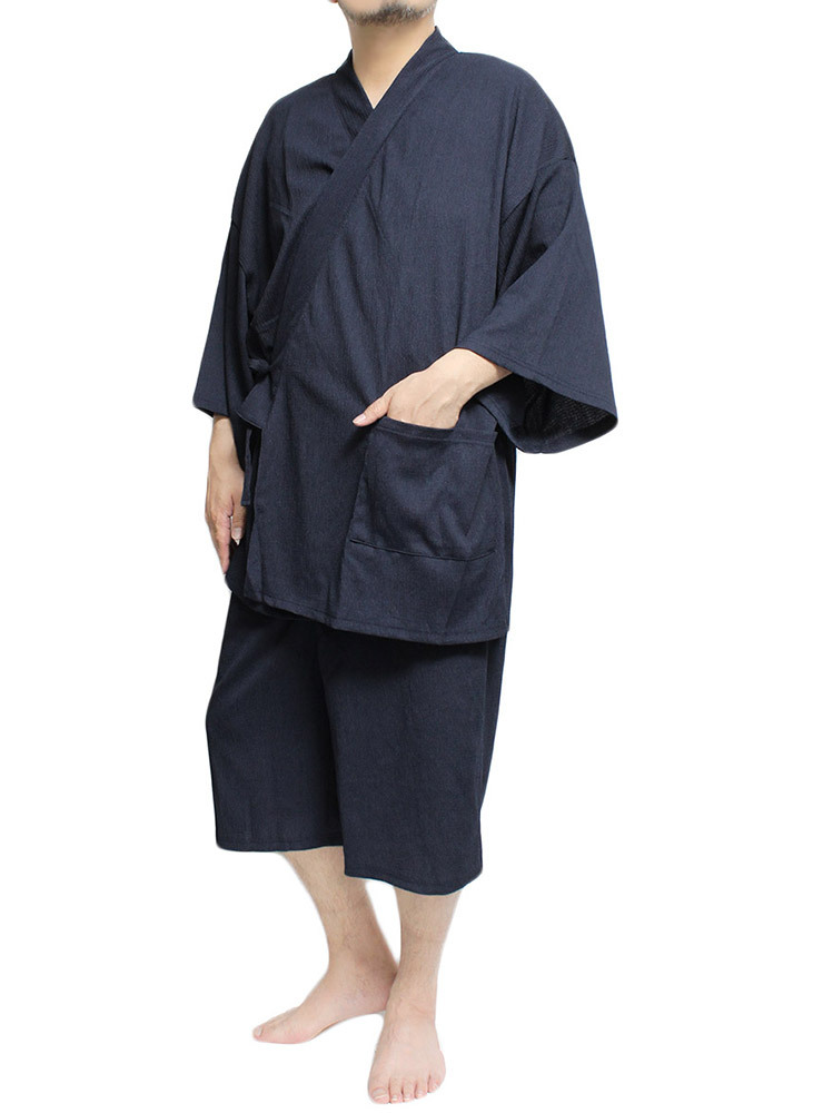 【新品】 M ネイビー 甚平 メンズ 和柄 パジャマ 上下 楊柳 無地 しじら織り 涼しい セットアップ拍卖