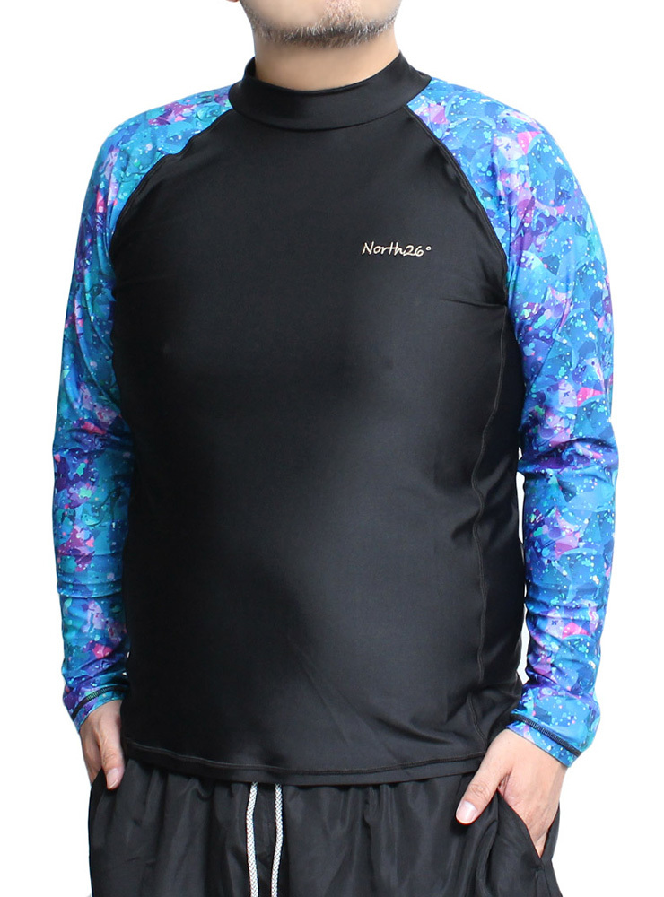 【新品】 4L ブラック×宇宙柄 ラッシュガード メンズ 大きいサイズ 花柄 UVカット ストレッチ 水着 長袖 Tシャツ拍卖