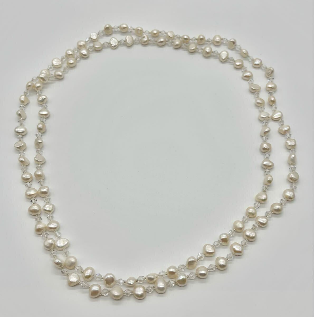 【美品】淡水パール クリスタルビーズ ロングネックレス 122.5cm 2way天然石 コスチュームジュエリー フォーマル拍卖