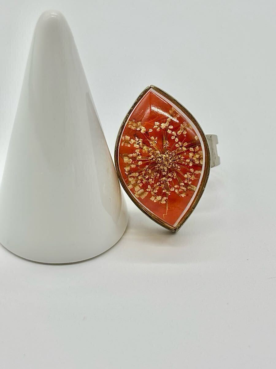 【USED】ヴィンテージ 水中花 リング 指輪 アンティーク 草花 オレンジ シルバートーン フリーサイズ拍卖