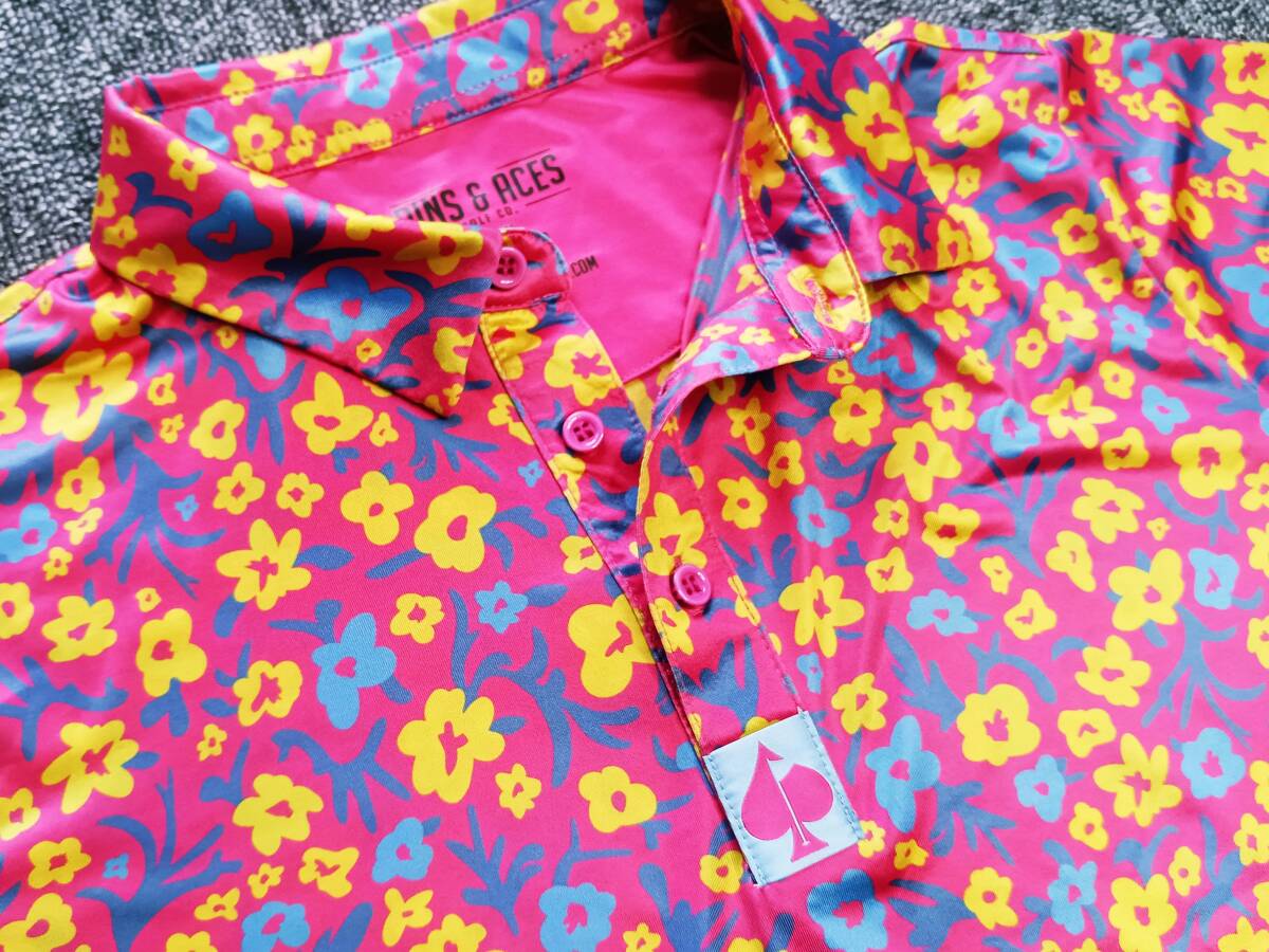 極美品!PINS & ACES ピンズ&エース サンライズフラワーパワー 吸汗速乾 高ストレッチ 半袖ゴルフポロシャツ(M相当)拍卖